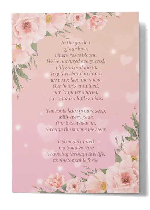 Love poem with flowers and hearts on anniversary card