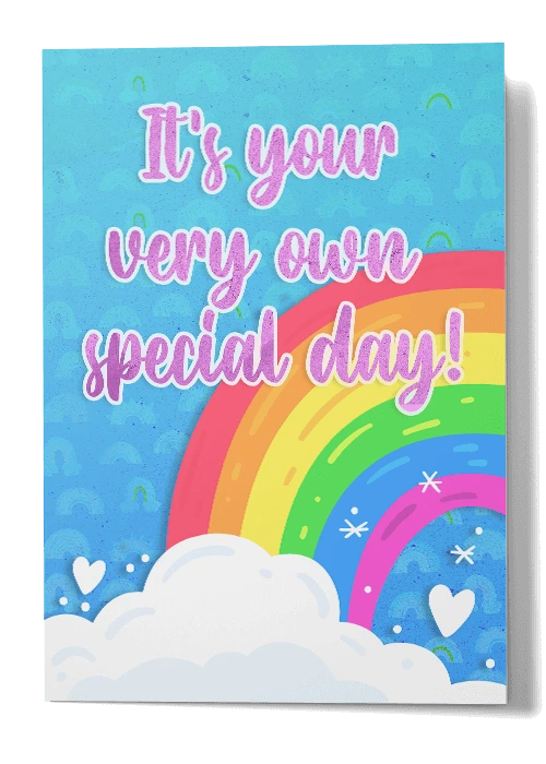 Bright colors, glittery letters, rainbow, clouds, and unicorns on Flag Day card that says "It's Your Very Own Special Day!"