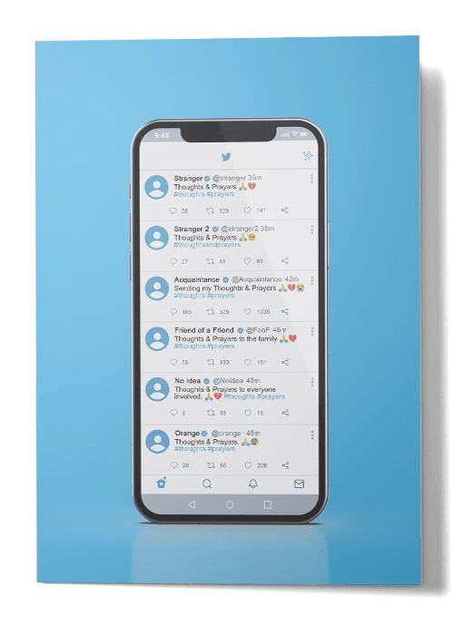Thoughts and prayers tweets on an iPhone mockup